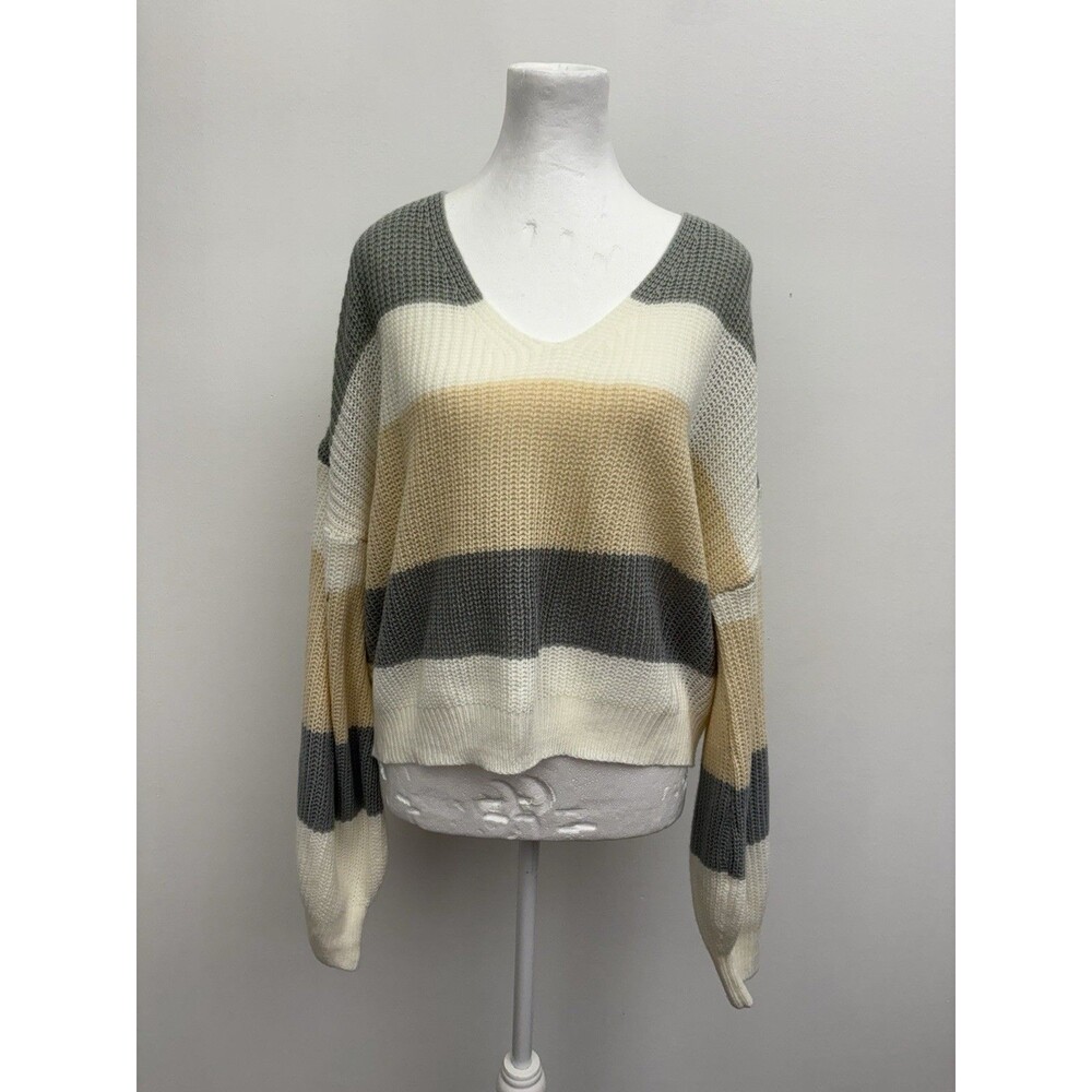 SHEIN Curve Women 0XL Striped Knit Sweater Color Block Oversized V-Neck Slouchy